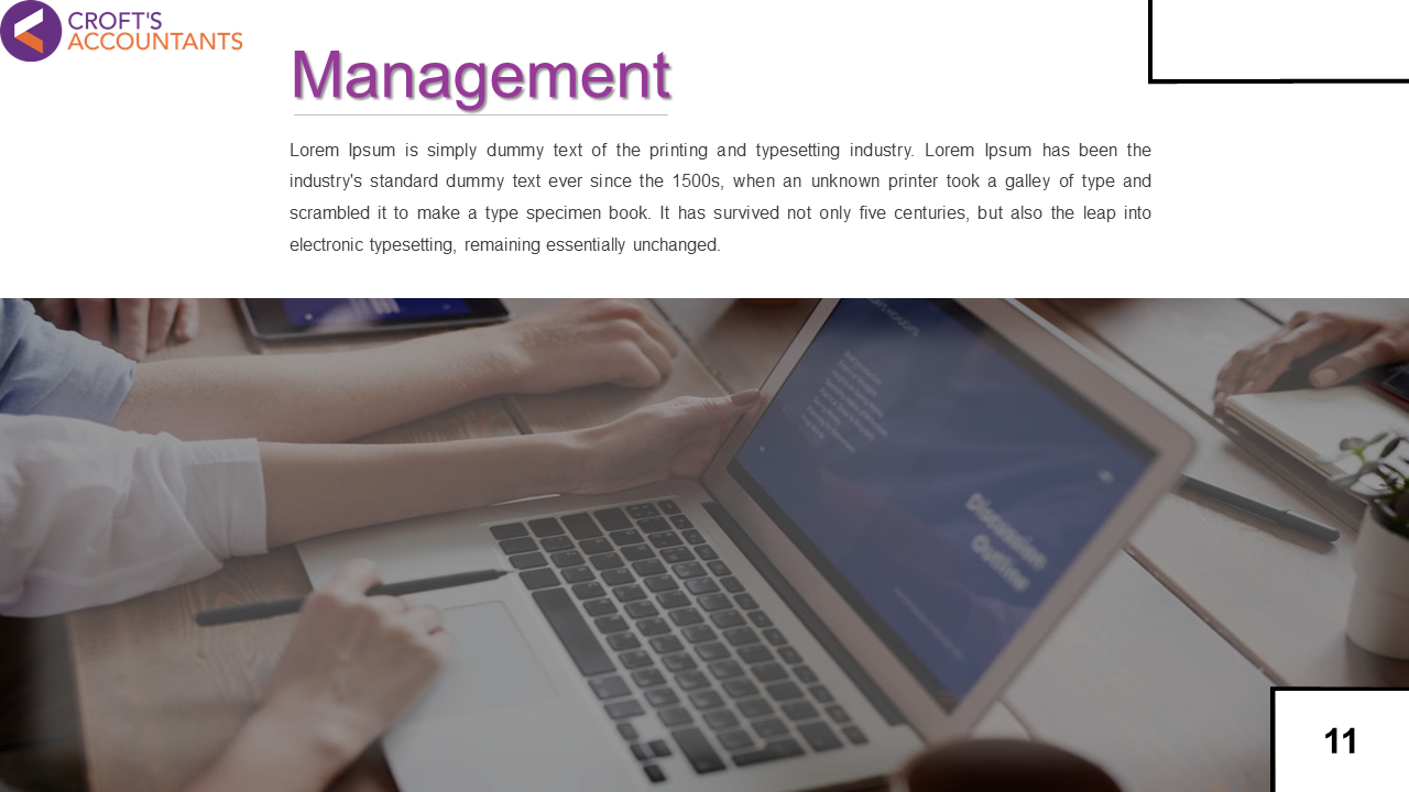 Management slide showing laptops on a desk with hands typing, with a purple title and descriptive text below.