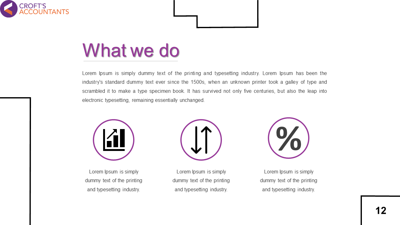 Slide with three purple circular icons representing a graph, arrows, and percentage symbols, alongside text.