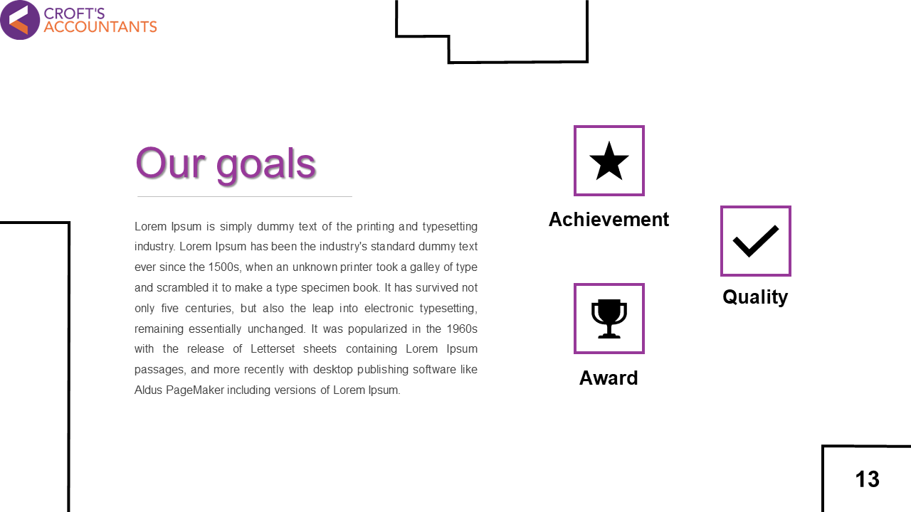 Goals slide with three purple bordered boxes showcasing icons in star, trophy, and checkmark shapes with text.