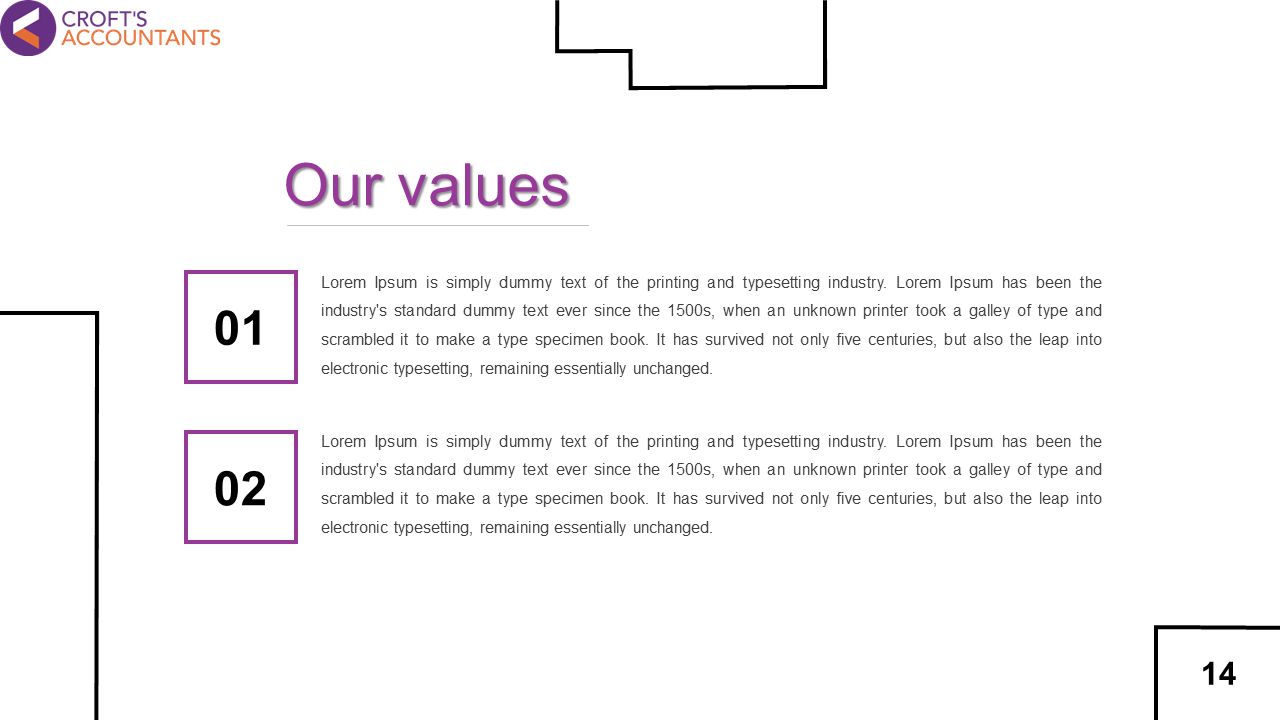 Slide with two numbered sections, each with purple outlines, containing detailed text, on a white background.