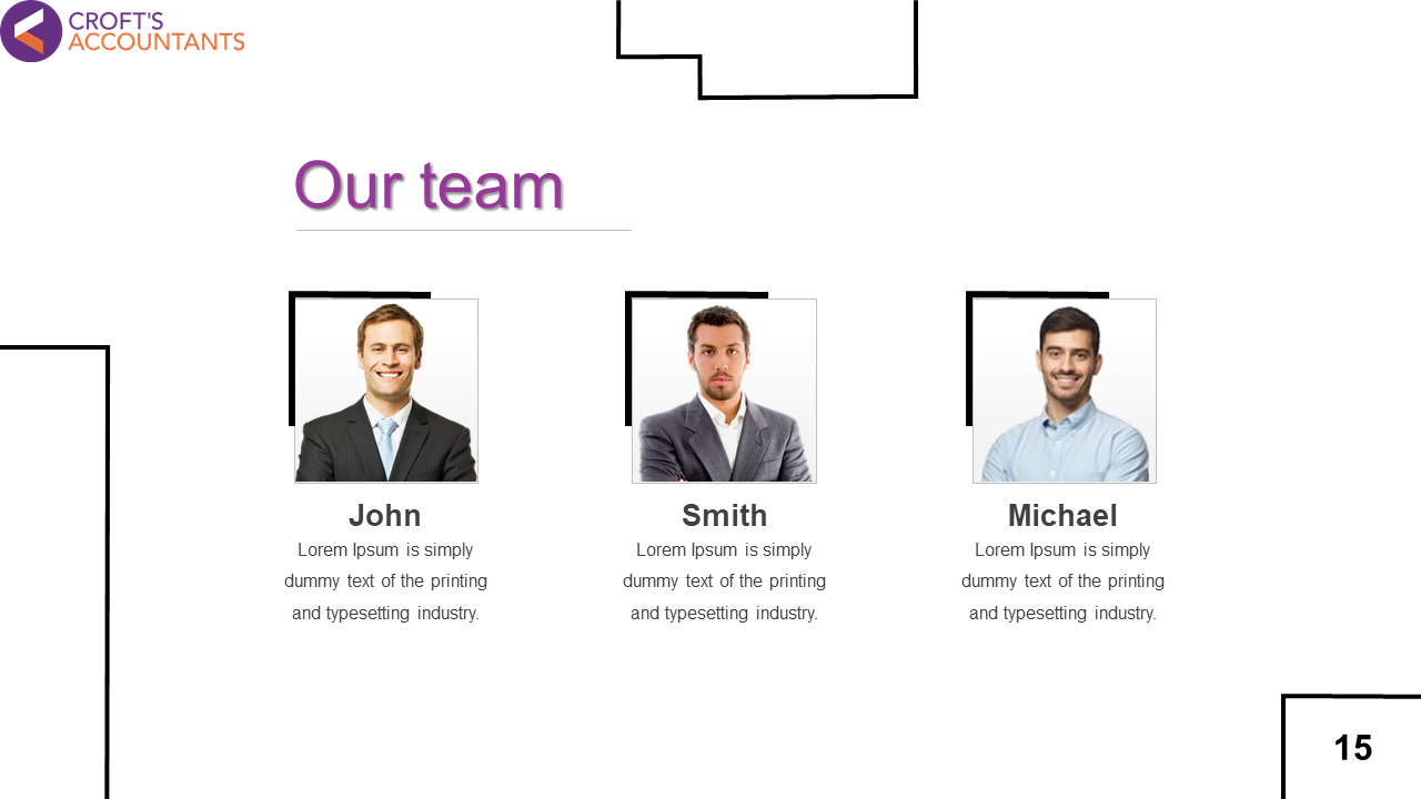 Slide featuring three team members with photos in square frame and names, along with placeholder text below.