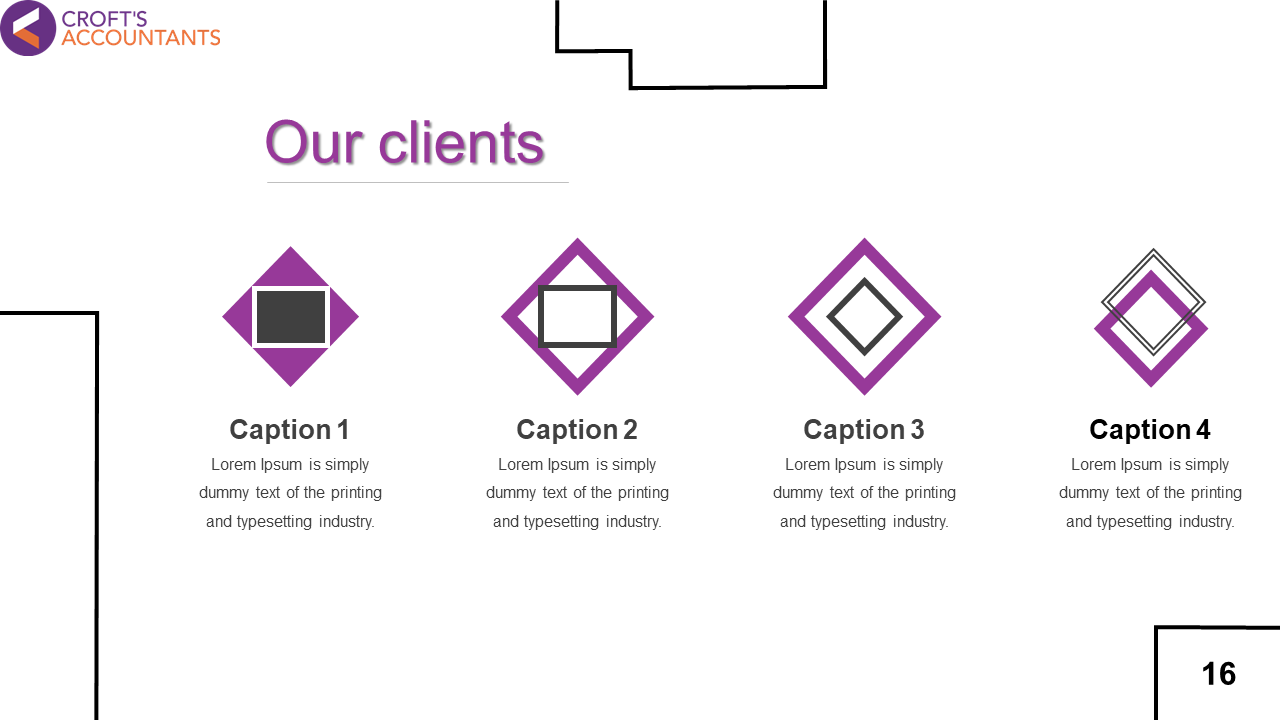 Slide showing four diamond shaped icons with gray captions, each bordered with purple and arranged horizontally.