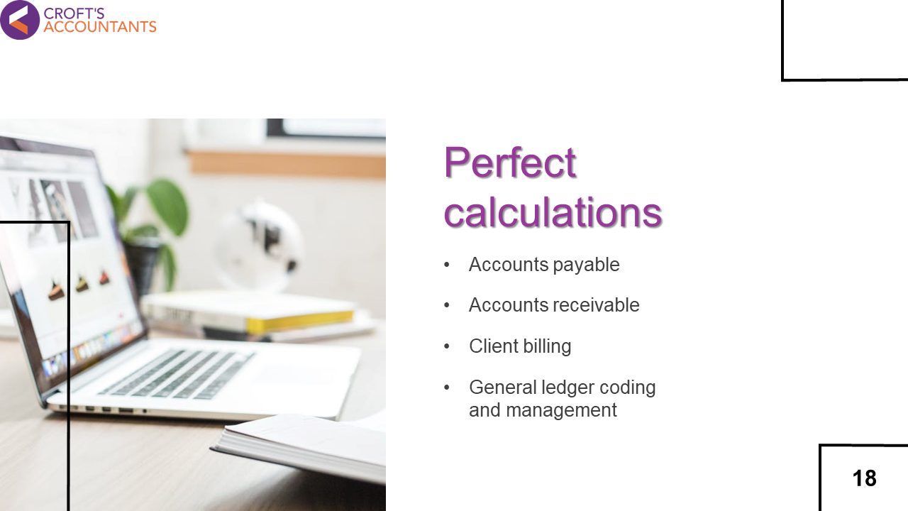 Slide with a laptop on a desk, paired with a list of perfect calculation services in purple text, on a white background.