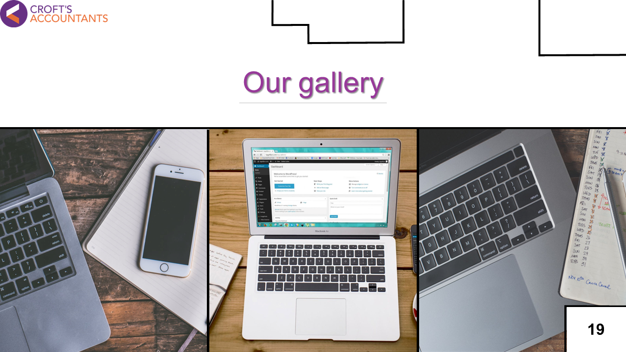 Slide showing a gallery with three photos of laptops, a smartphone, and a notebook with a calendar on a desk.