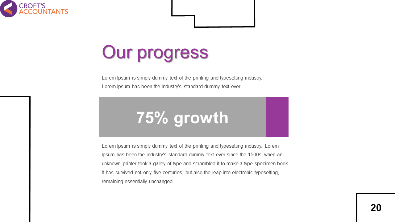 Progress slide showing percentage growth with a gray and purple bar, paired with a description below.
