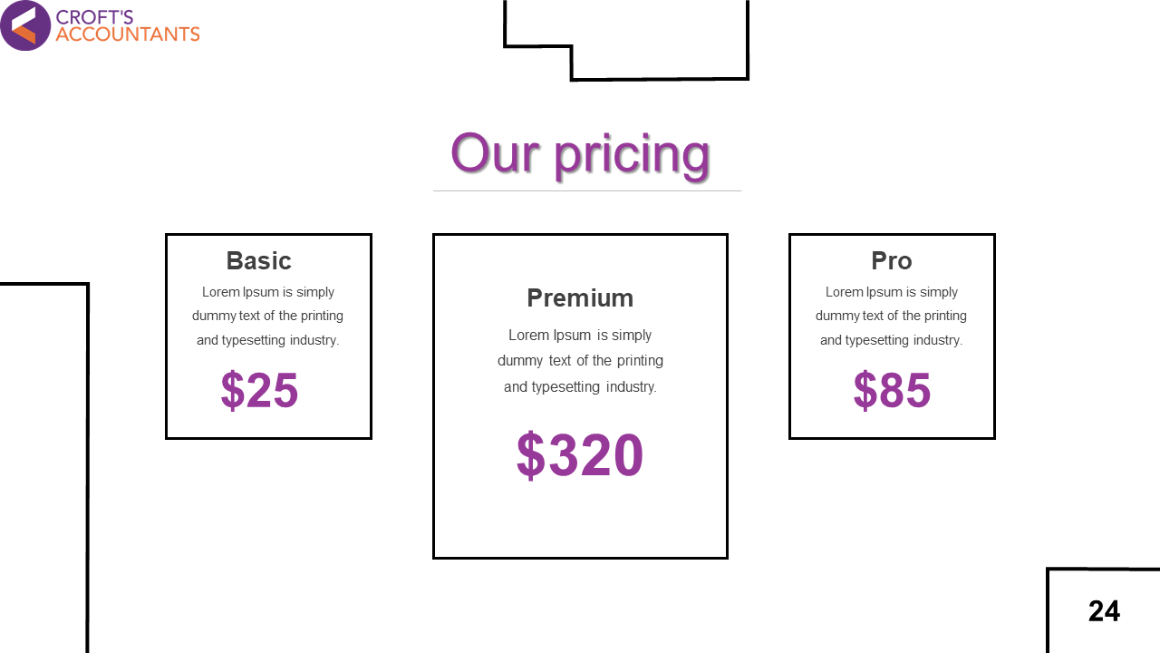Pricing slide with three rectangular blocks, each with a black border and purple accents, arranged horizontally.