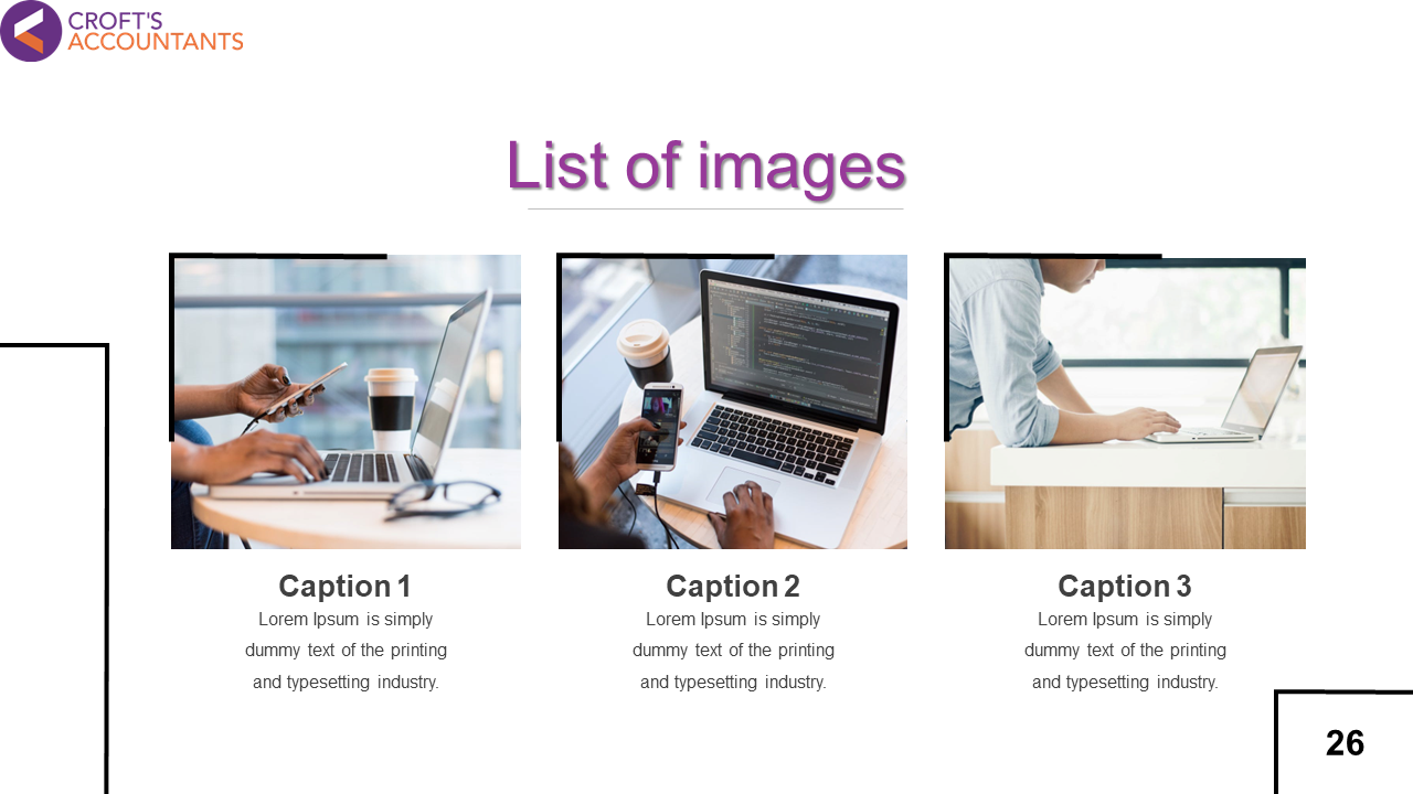 Slide showing three images of people working on laptops with captions below each, including a logo in the top left corner.