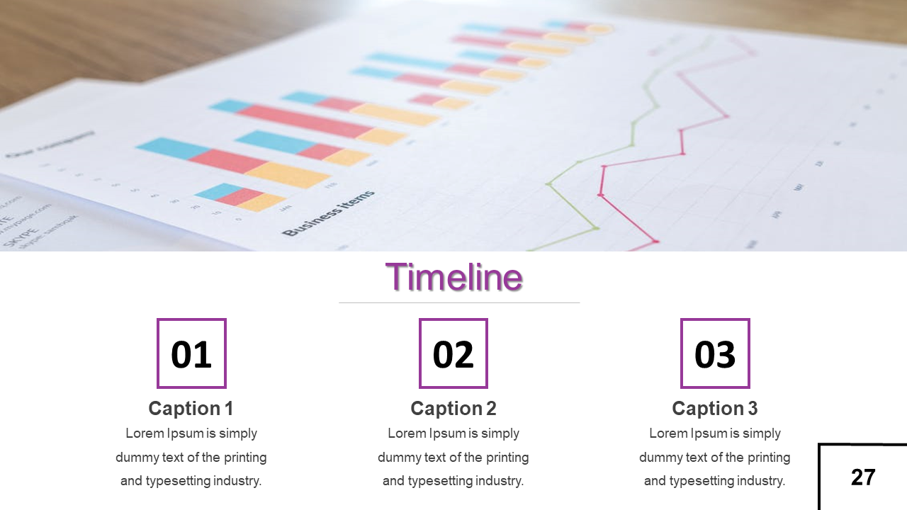Timeline slide with three numbered captions in purple accents, on a background of a printed chart with bars and a line graph.