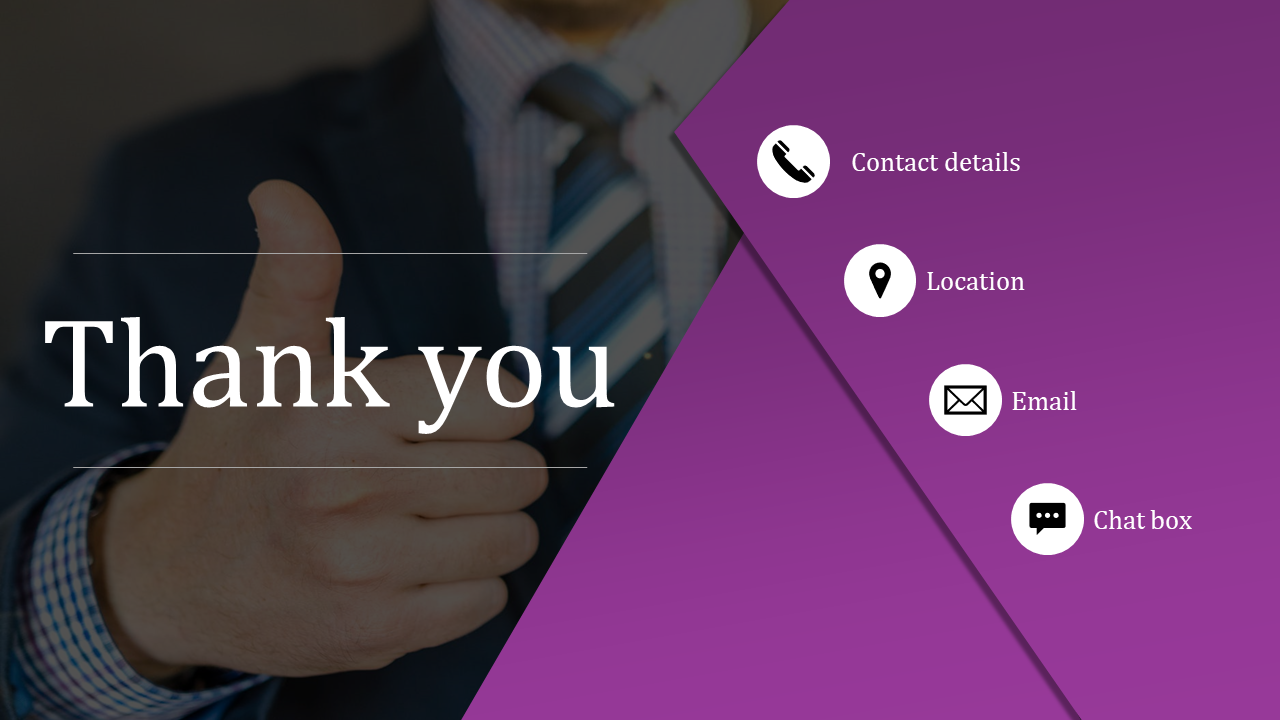 Thank you message with a thumbs up hand, and purple diagonal shape featuring icons for contact details, location, and chat.