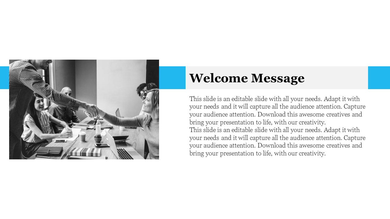 Welcome message slide featuring a photo of a business handshake with a blue accent on the left and text on the right.