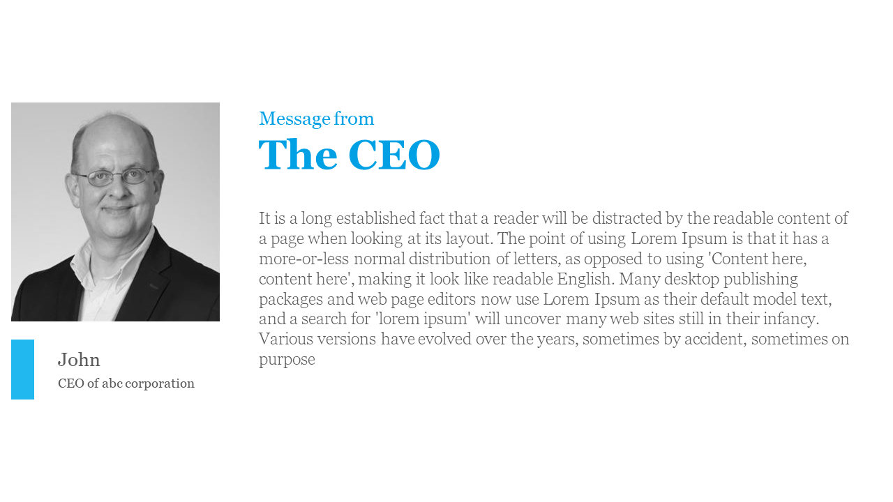 Slide showing a photo of the CEO in black and white, with text beside it, and a blue bar for the name.