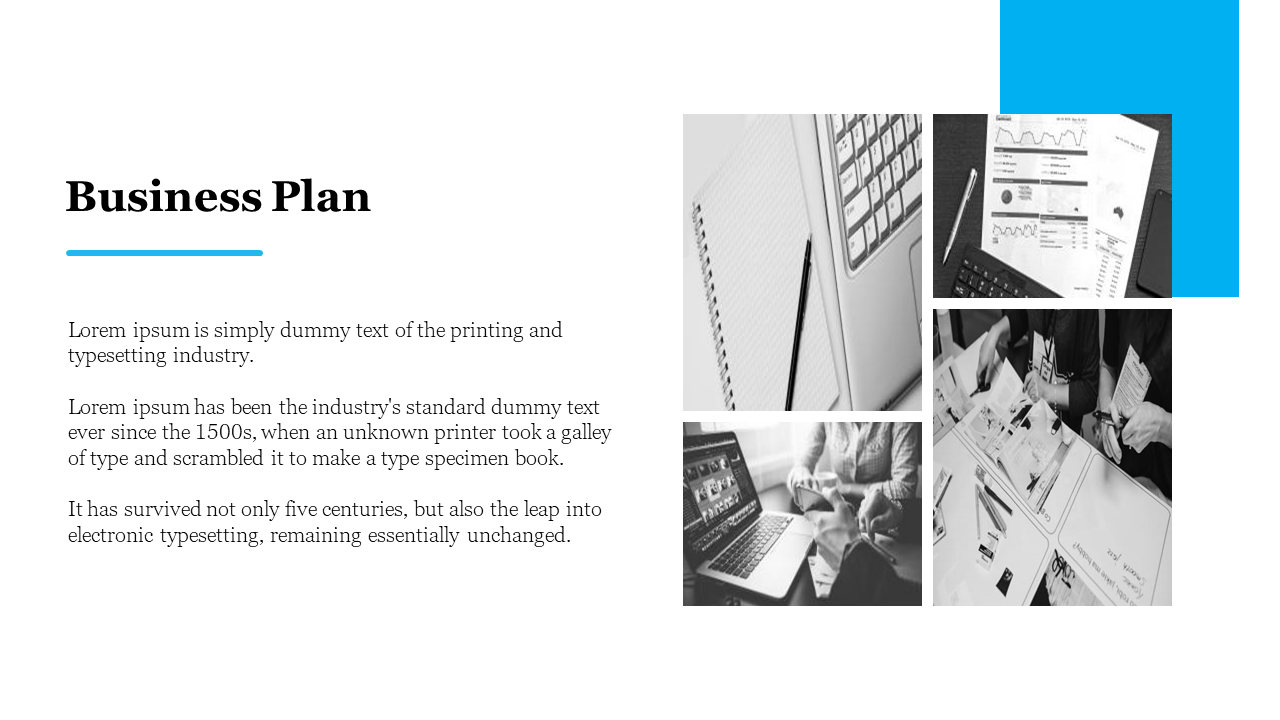 Business plan slide with text on the left, and four black and white photos of work related activities on the right.