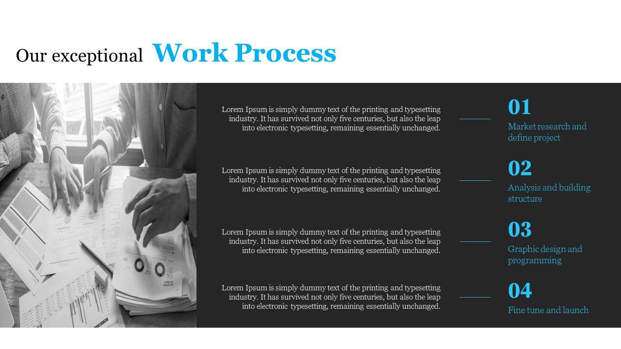 Work process slide with four numbered steps in blue, on a dark backdrop, alongside an image of people working on documents.