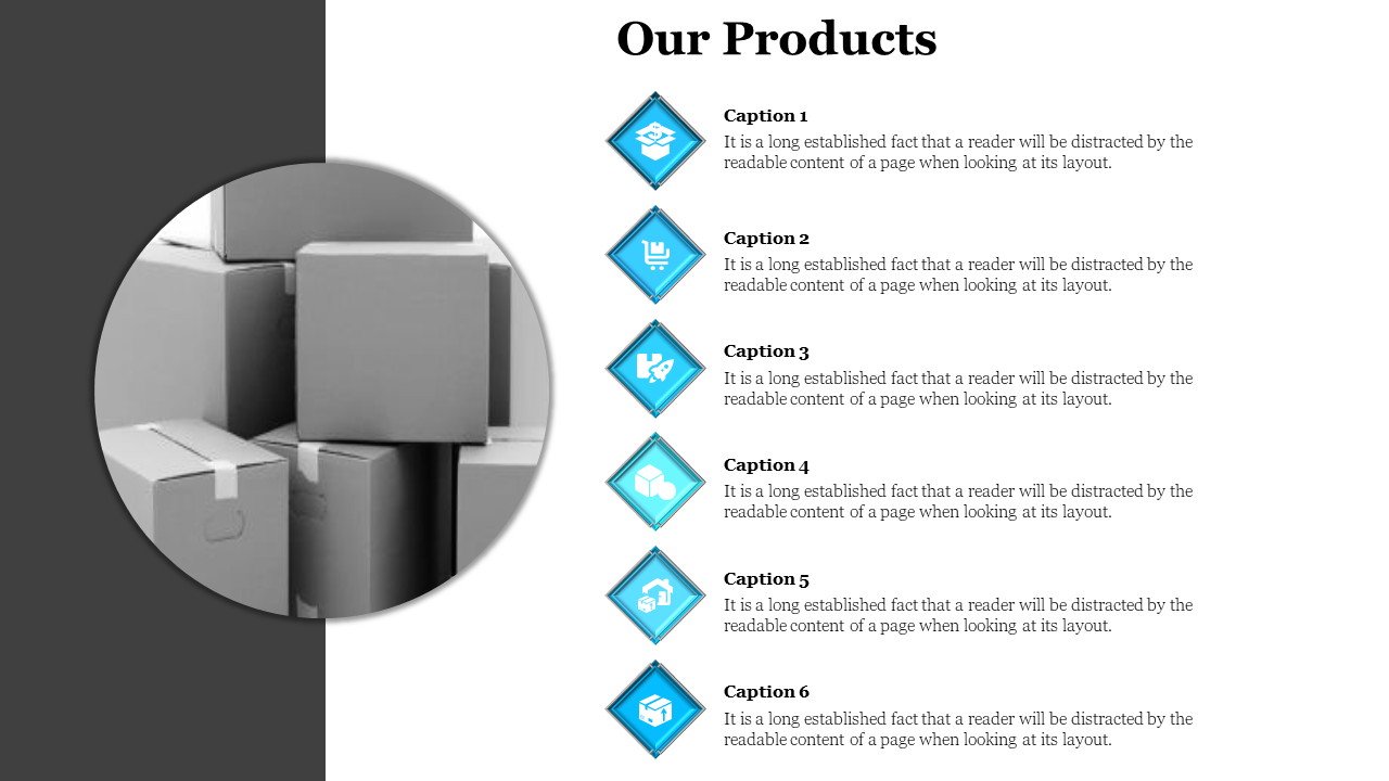 Slide with six blue diamond icons, each labeled with a caption, alongside a circular image of stacked boxes in grayscale.