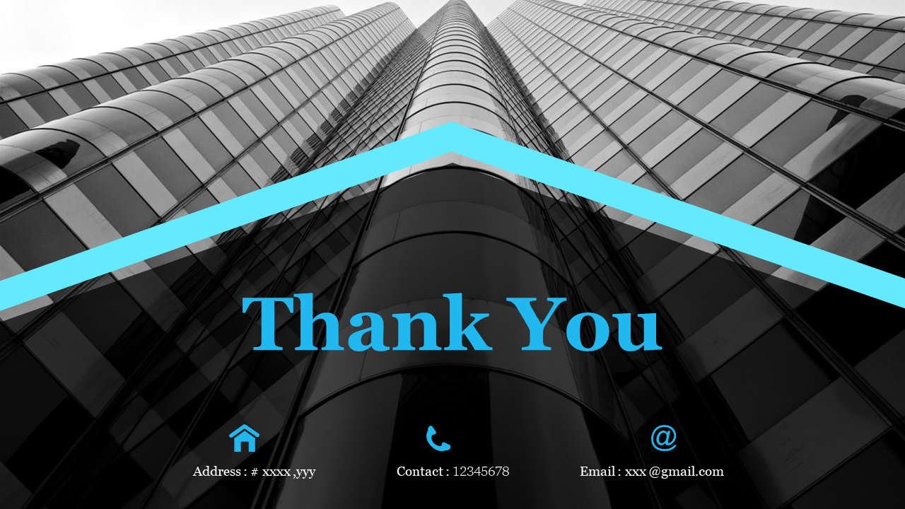 Thank you slide with a blue diagonal line across a black building image, with contact details placed at the bottom.