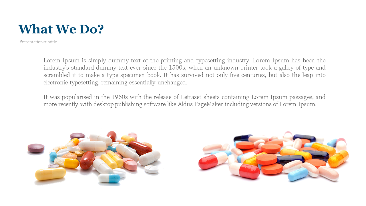 Medical themed slide with a bold blue title, text, and two groups of multicolored capsules and tablets at the bottom.