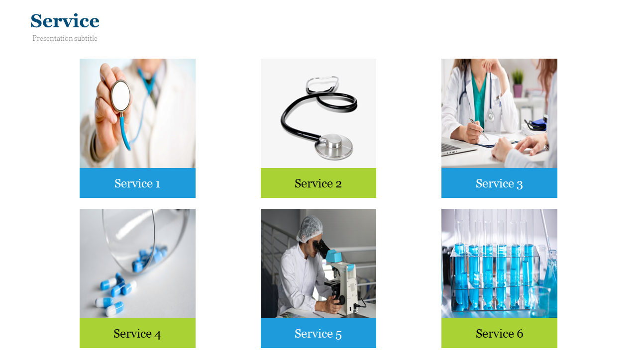 Six medical services in a grid with blue and green labels, featuring images of stethoscopes, pills, and microscopes.