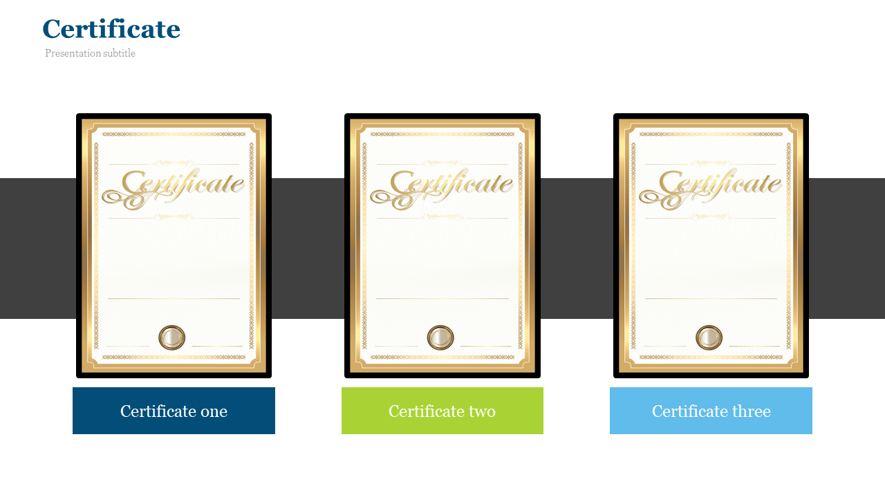 Three vertical gold trimmed certificates centered on a dark horizontal band, with navy, green, and blue labels below.