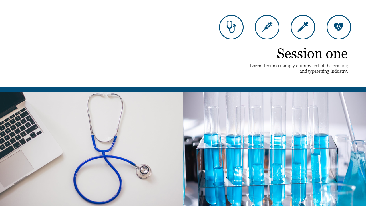 Top section shows medical icons and session title, bottom has a stethoscope and blue filled test tubes in a rack.