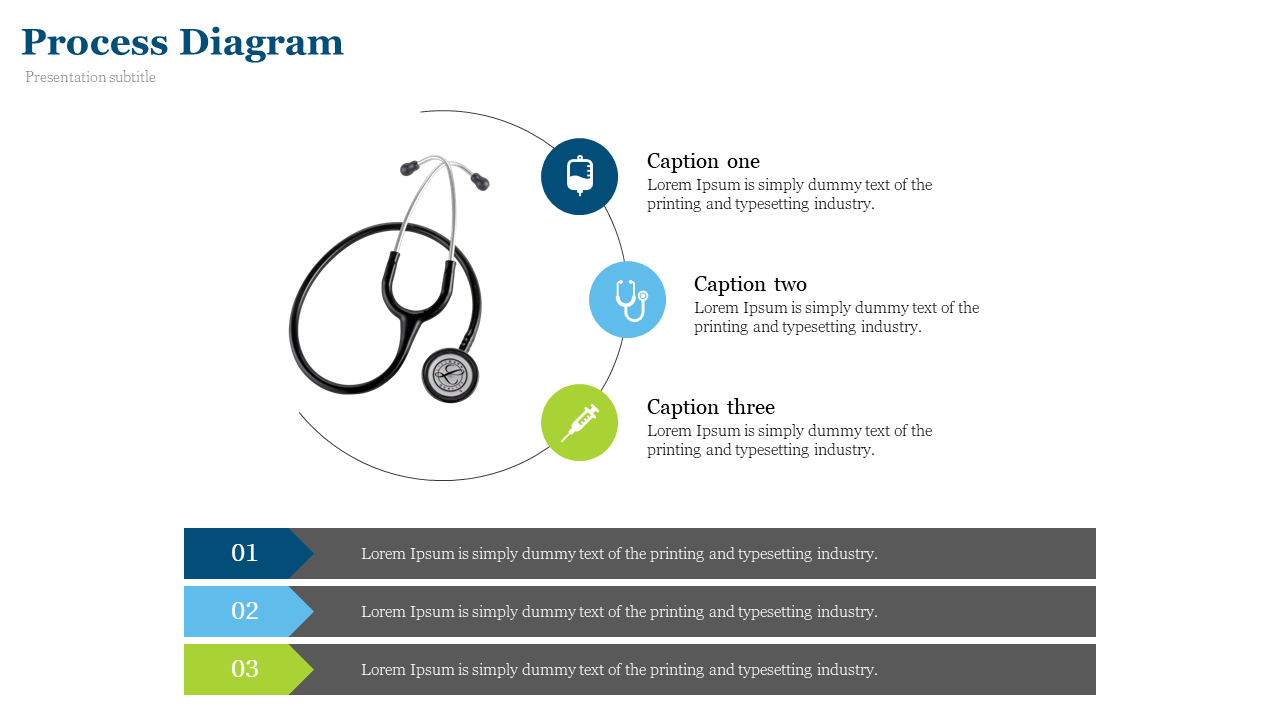 Process slide with a stethoscope at the center, surrounded by three colored medical icons and horizontal labels below.
