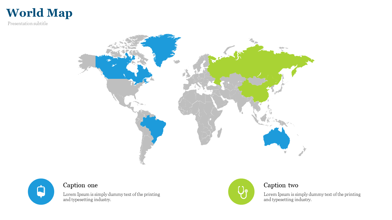 Gray world map with highlighted regions in blue and green, with caption boxes below featuring medical icons and text.