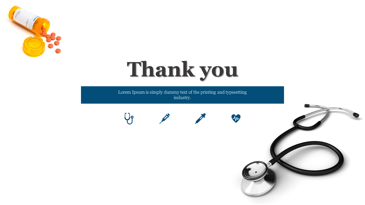 Thank you slide with icons, a pill bottle, and a stethoscope on a white background, featuring a blue rectangular section.