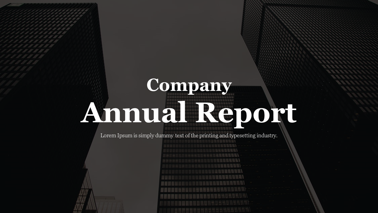 Annual report slide with large white text centered over a dark background of skyscrapers in a corporate setting.