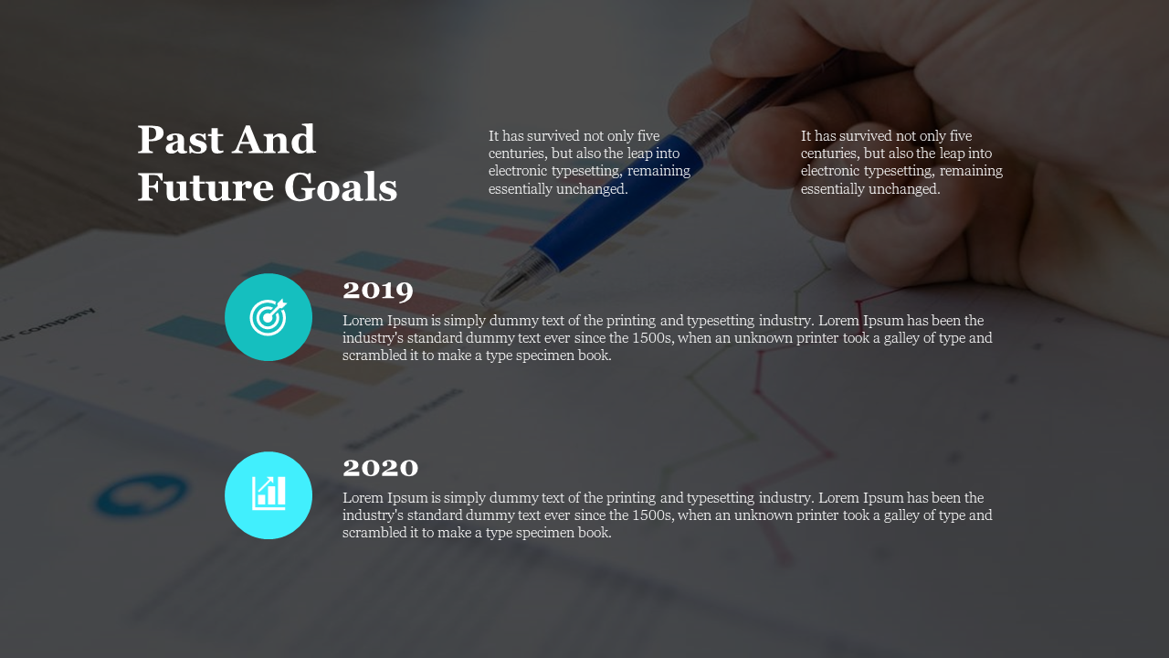 Slide with two teal circular icons for 2019 and 2020, featuring graphs and a hand holding a pen over the charts.