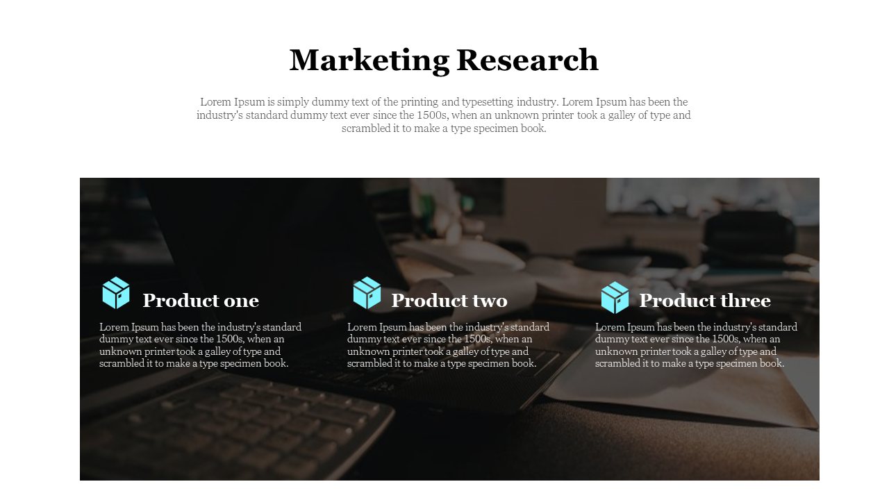 Slide with three blue box icons placed in a row on an office desk background with a professional dark color scheme.