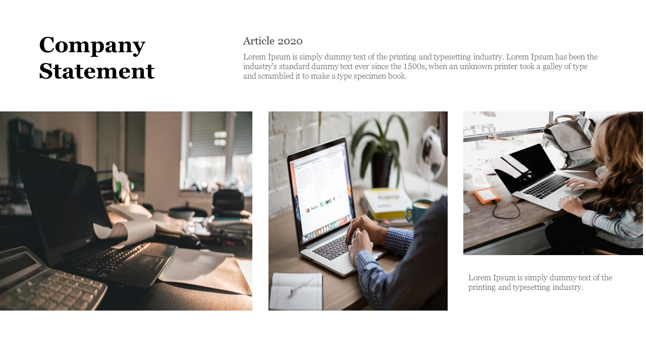 Slide with three images of individuals working on laptops in different office environments, with text above.