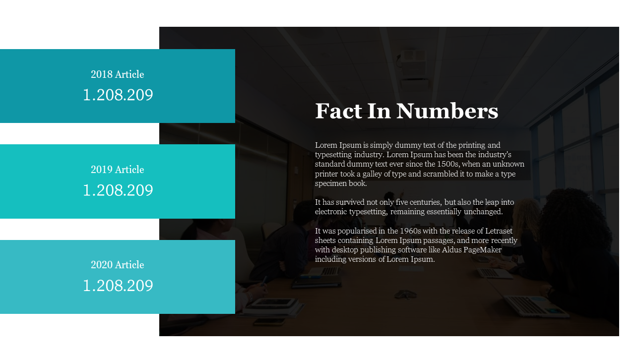 Slide with three teal text boxes for article numbers and a dark background image of a meeting room, overlaid with text.