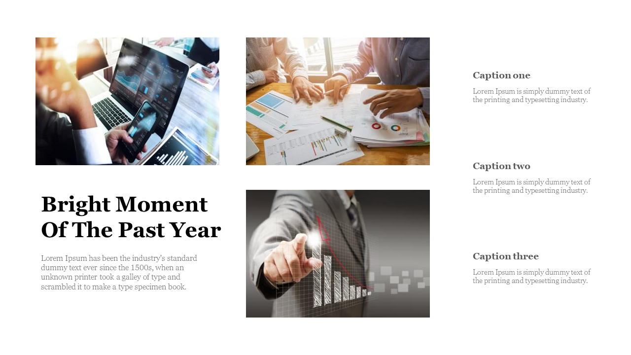 Slide with three images and captions, featuring business analysis, team collaboration, and a person pointing at bar chart.