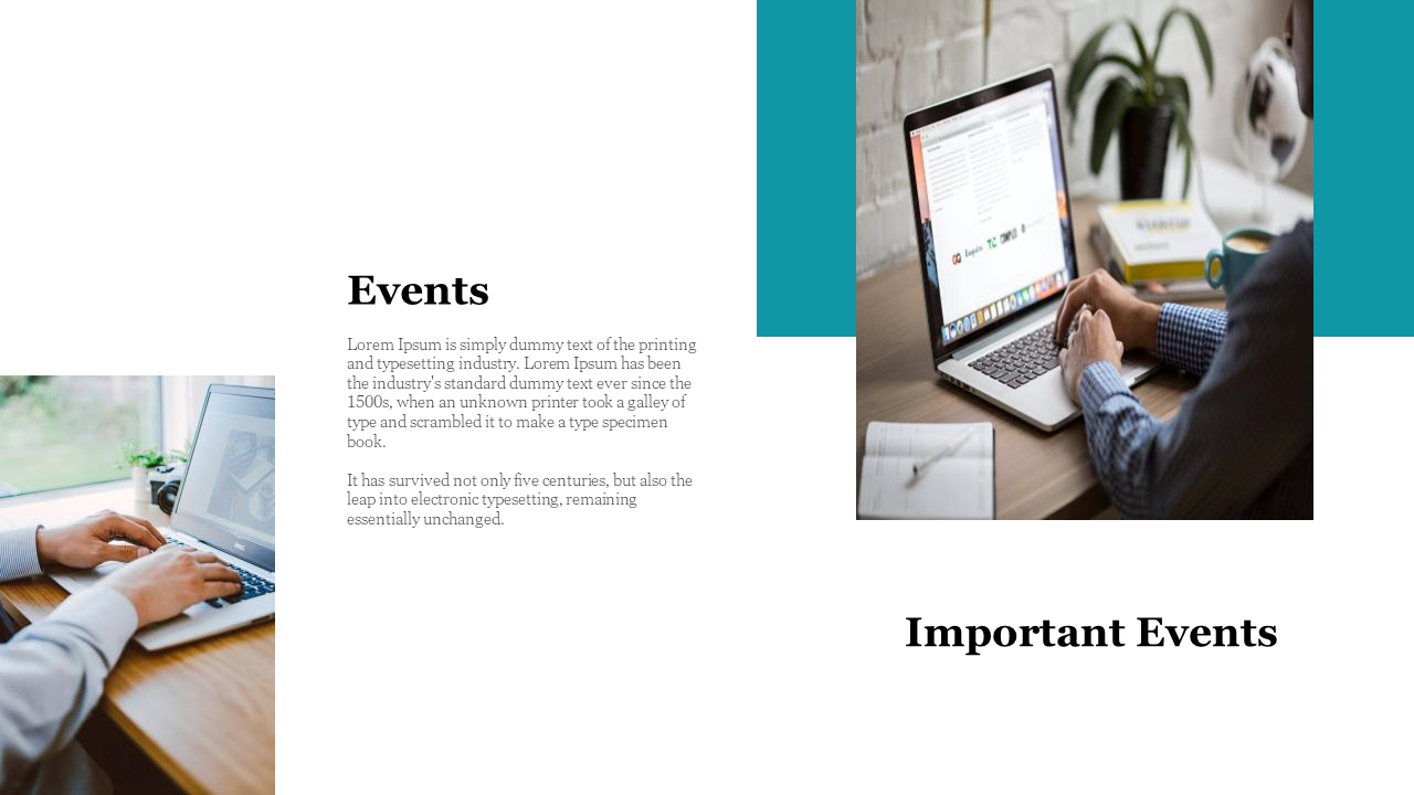 Events slide featuring two images of person working on a laptop with a plant, and a teal sidebar, set on a white backdrop.