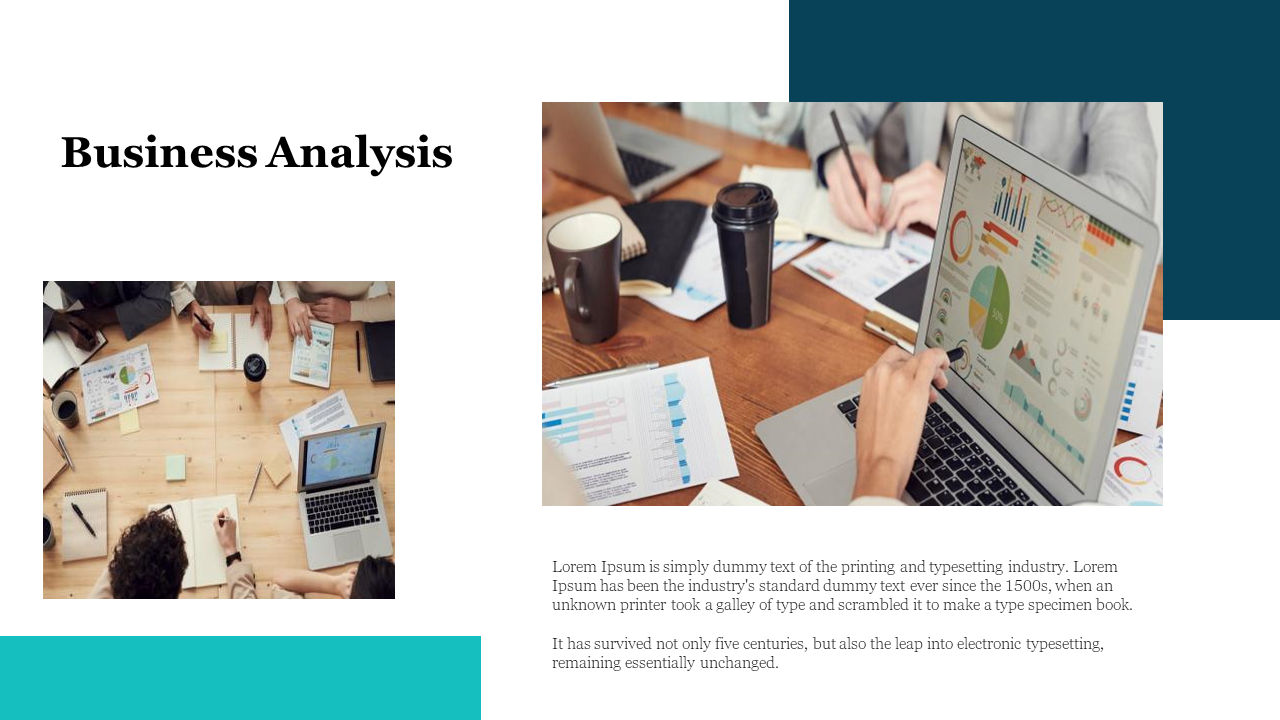 Business analysis slide with two images of desk featuring business charts, notebooks, and a laptop with graphs on the screen.
