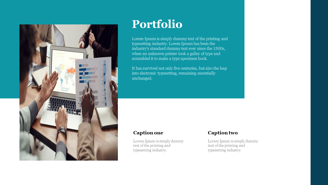 Portfolio slide with a team reviewing data on a laptop, alongside two captions and a teal header section with text.