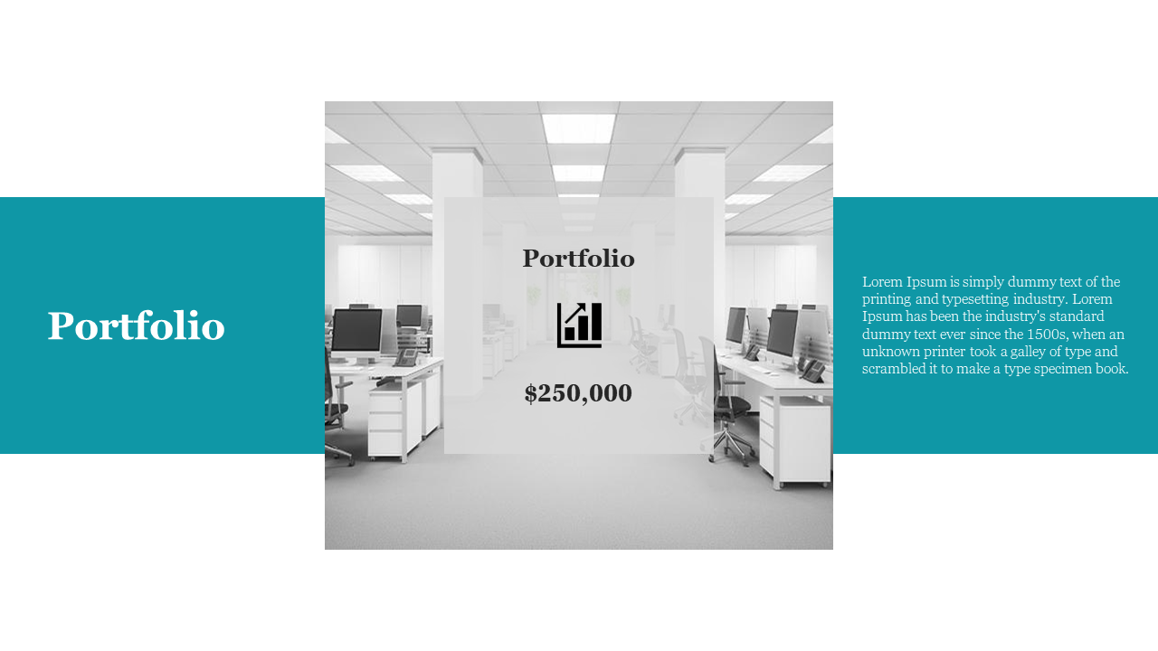 Portfolio section with a value displayed in gray box over a photo of a modern office space and teal side panels.