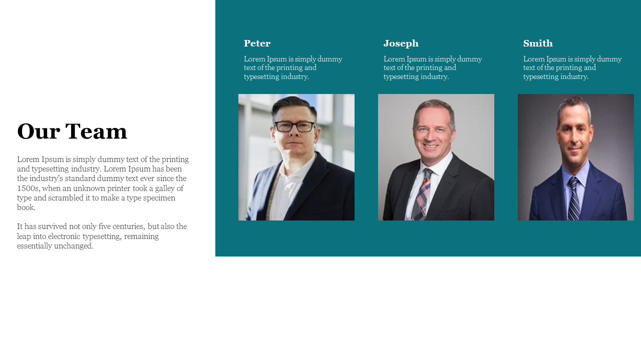 Team section showing three individuals with portraits, names, and descriptions under teal boxes, and text on the left.