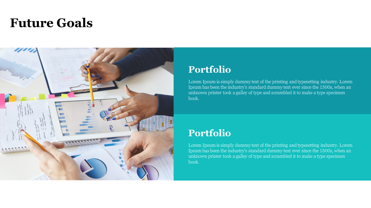 Slide with two teal sections alongside hands working on a desk with charts, graphs, and colored sticky notes.