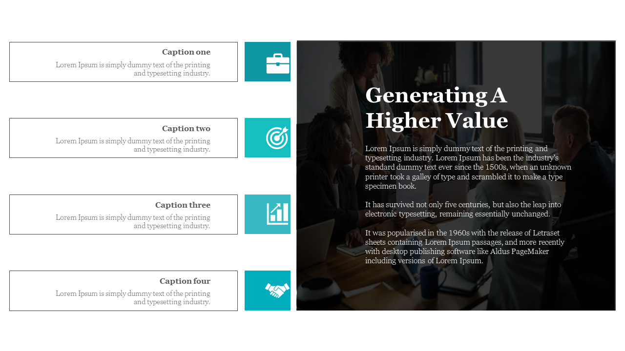 Slide featuring four caption boxes with teal icons, and a right section showcasing a business discussion with a team.