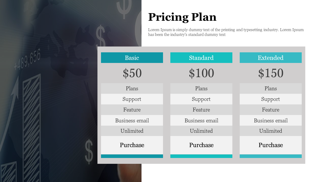 Pricing table design with three gray columns, featuring teal labels with buttons, and a dark financial graphs on the left.