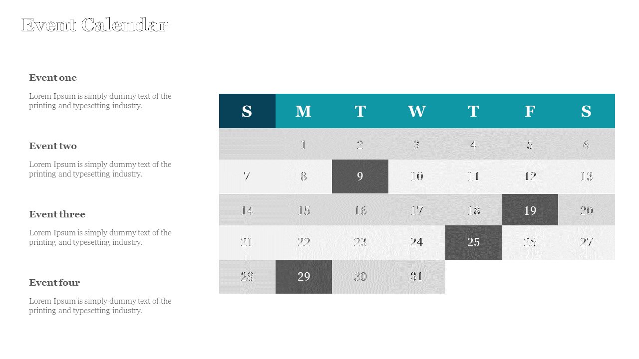 Calendar layout with a blue header, grey grid, and dark highlighted event dates, aligned with details on the left.