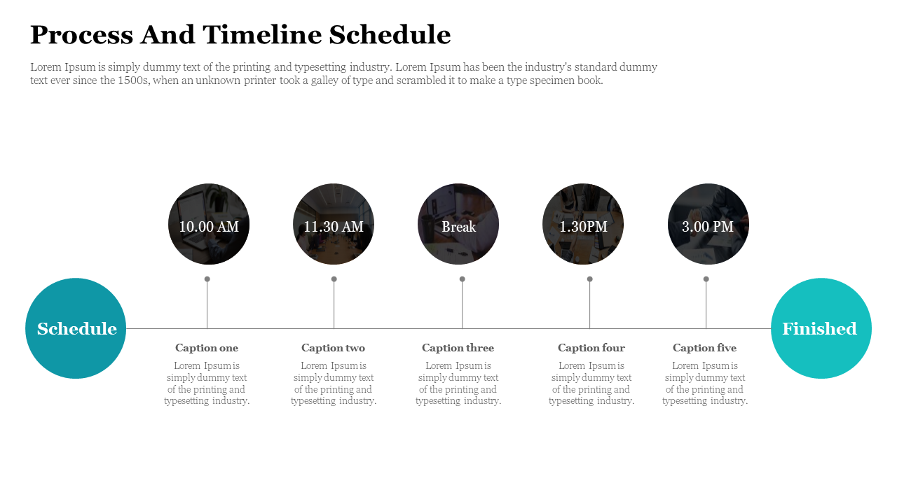Timeline slide with five black circles on a horizontal path, and teal start and finish labels for an event schedule.