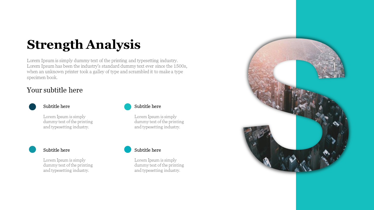 Strength analysis slide featuring a large S cutout filled with a cityscape, a teal sidebar and bullet points on the left.