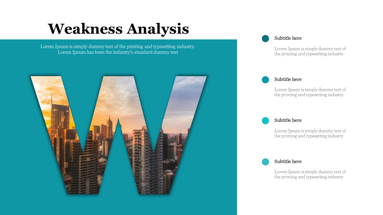 Business slide featuring a bold W with a city image, on a teal box, with title and four bullet points on the right.