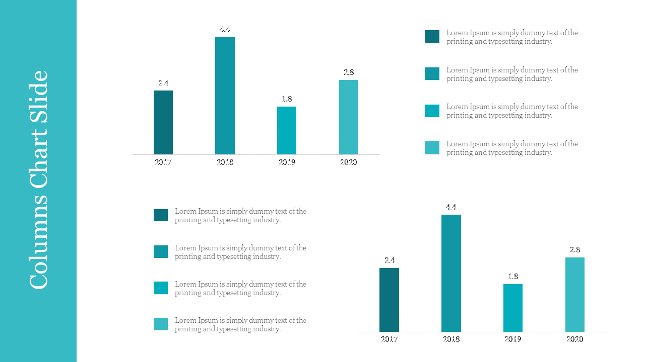 Column chart slide with two bar charts in teal shades, a vertical sidebar title, and captions with square icons.