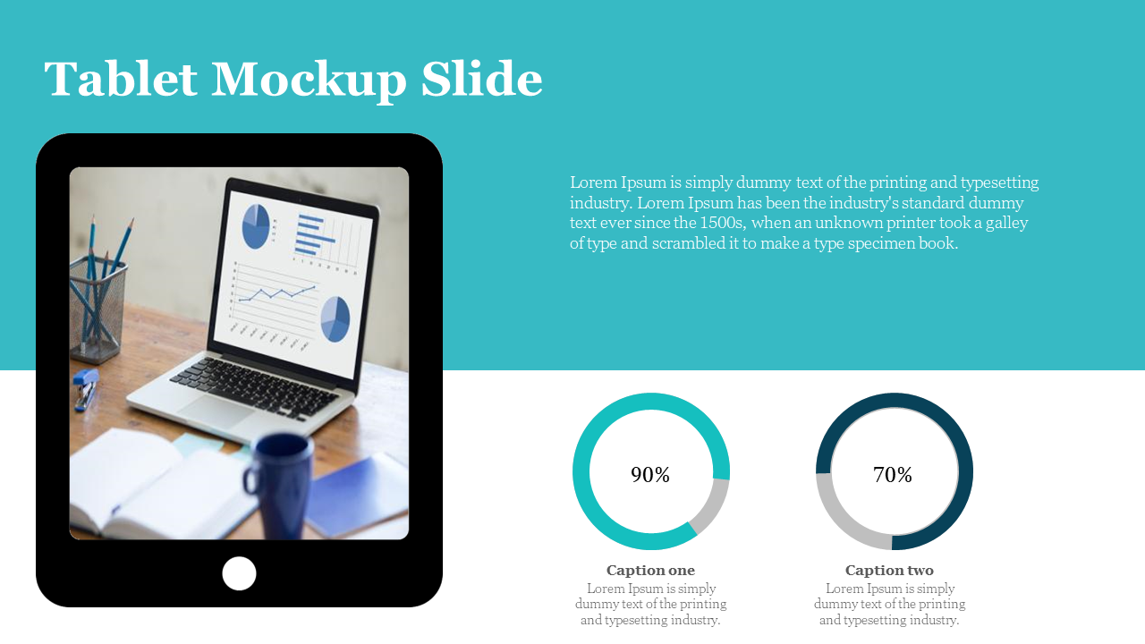 Tablet mockup slide with a laptop displaying graphs, text on the teal area, and two circular progress charts at the bottom.