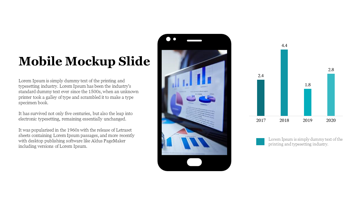Mobile mockup slide with a smartphone displaying charts, a teal bar graph for 2017 to 2020, and descriptive text on the left.