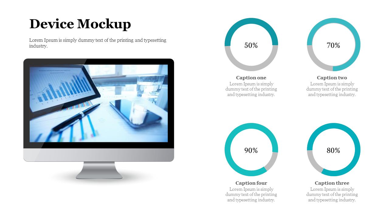 Slide with a desktop monitor displaying charts, and four teal circular progress indicators labeled with percentages.