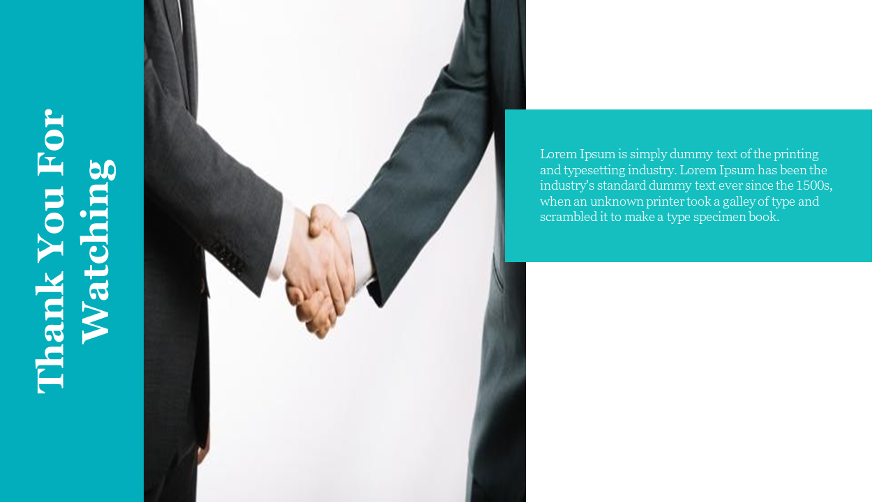 Slide with a handshake image, a left side thank you message, and a teal box containing placeholder text.