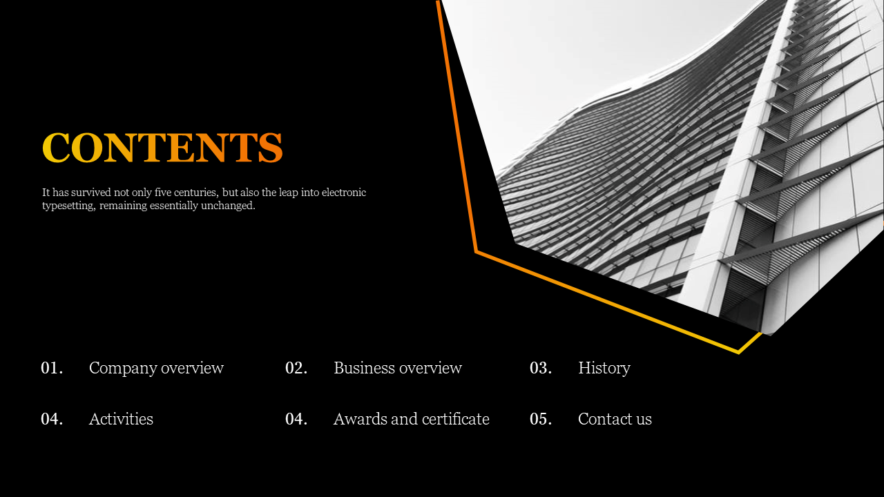Grayscale cityscape with an orange geometric border, displaying six numbered contents list, on a dark backdrop.